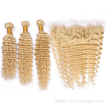 Russian Blonde 613 Colour Deep Wave 100% Virgin Hair Weave with Frontal Closure, Raw 613 Human Hair Deep Wave Bundles